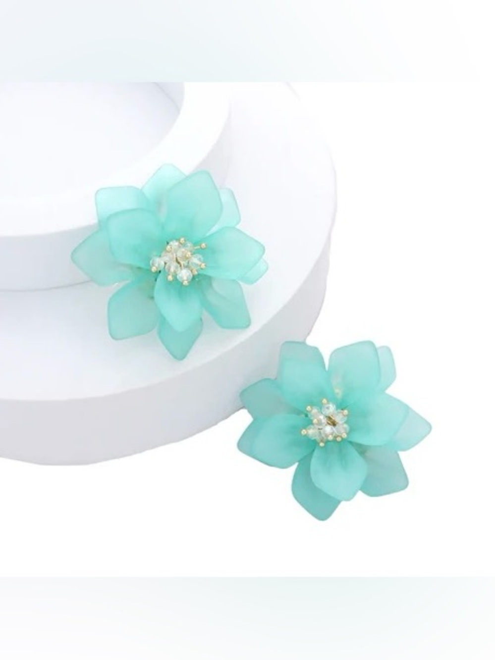 Teal Blue Resin Flower Statement Earrings